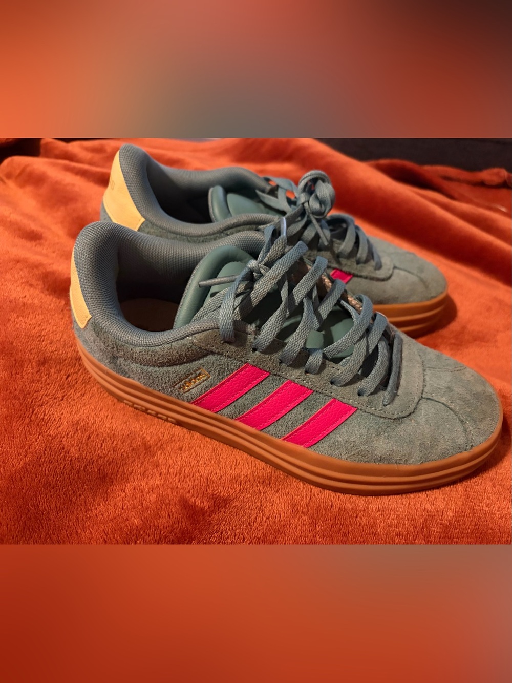 adidas Kids Court Platform Suede Sneakers in Teal with Pink Stripes and Gum Sole